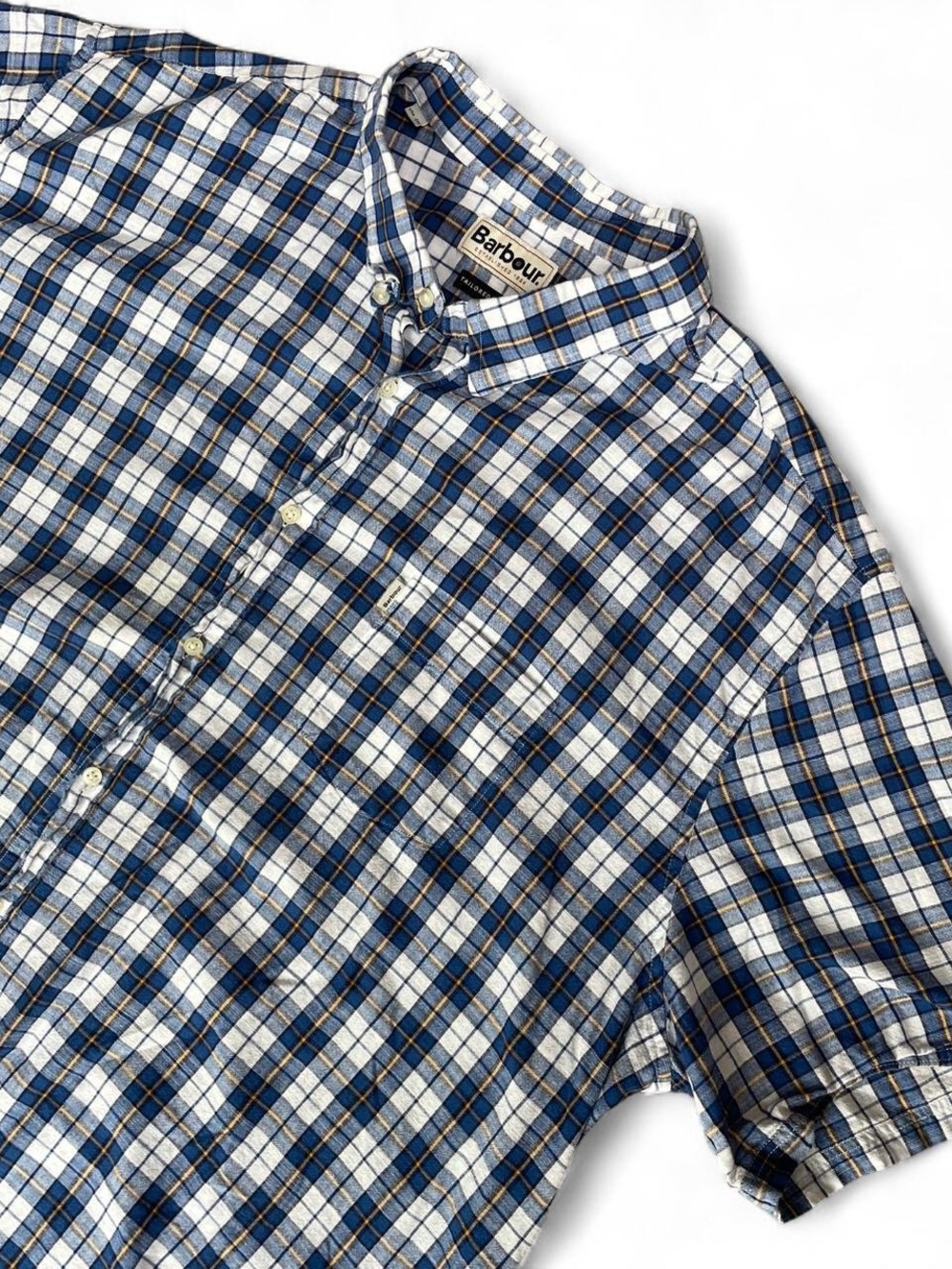 Barbour Blue and White Plaid Short-Sleeve Button-Down Shirt